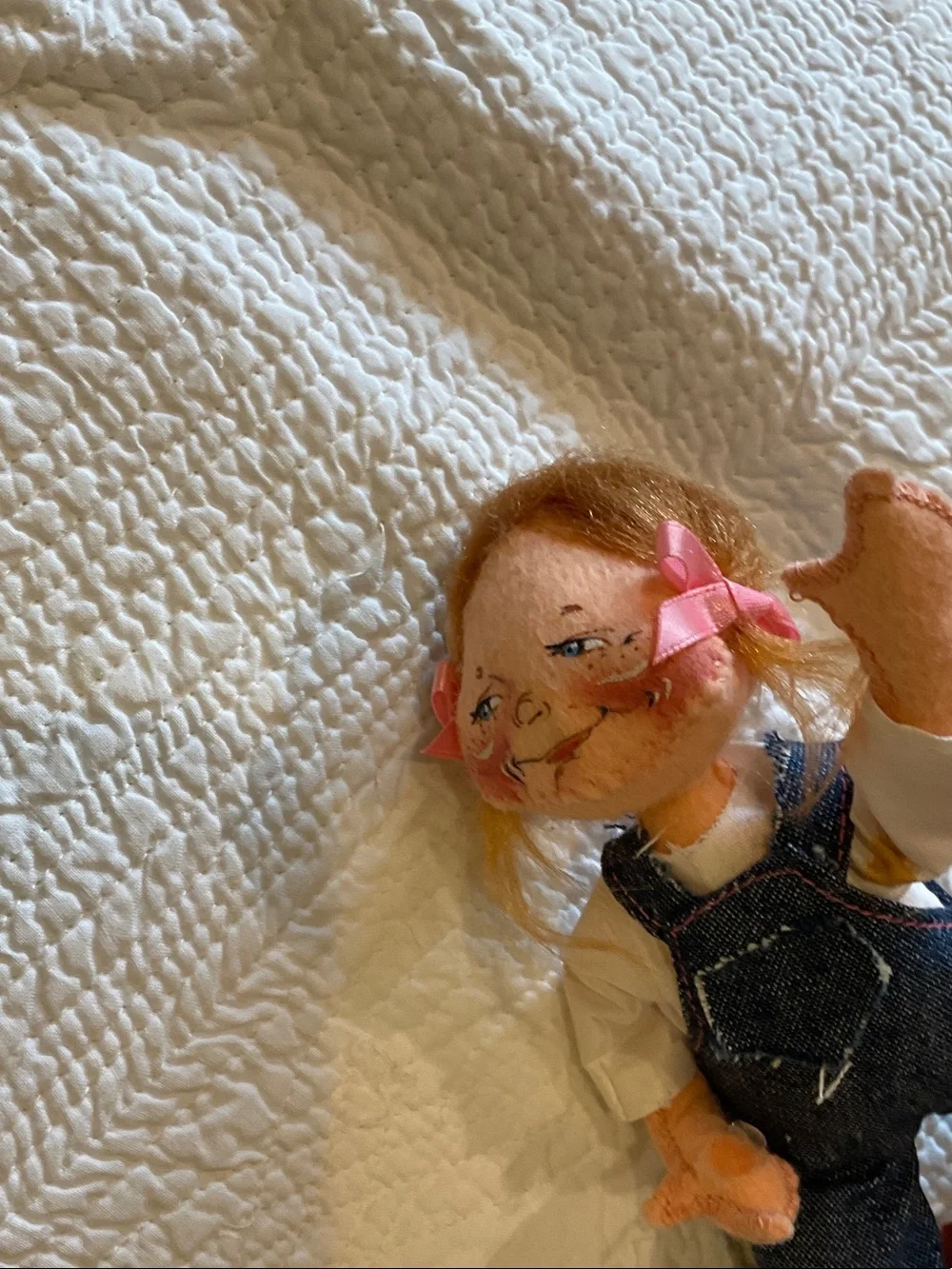 Annalee Doll with Pink Bows, Blonde Hair and Denim Dress